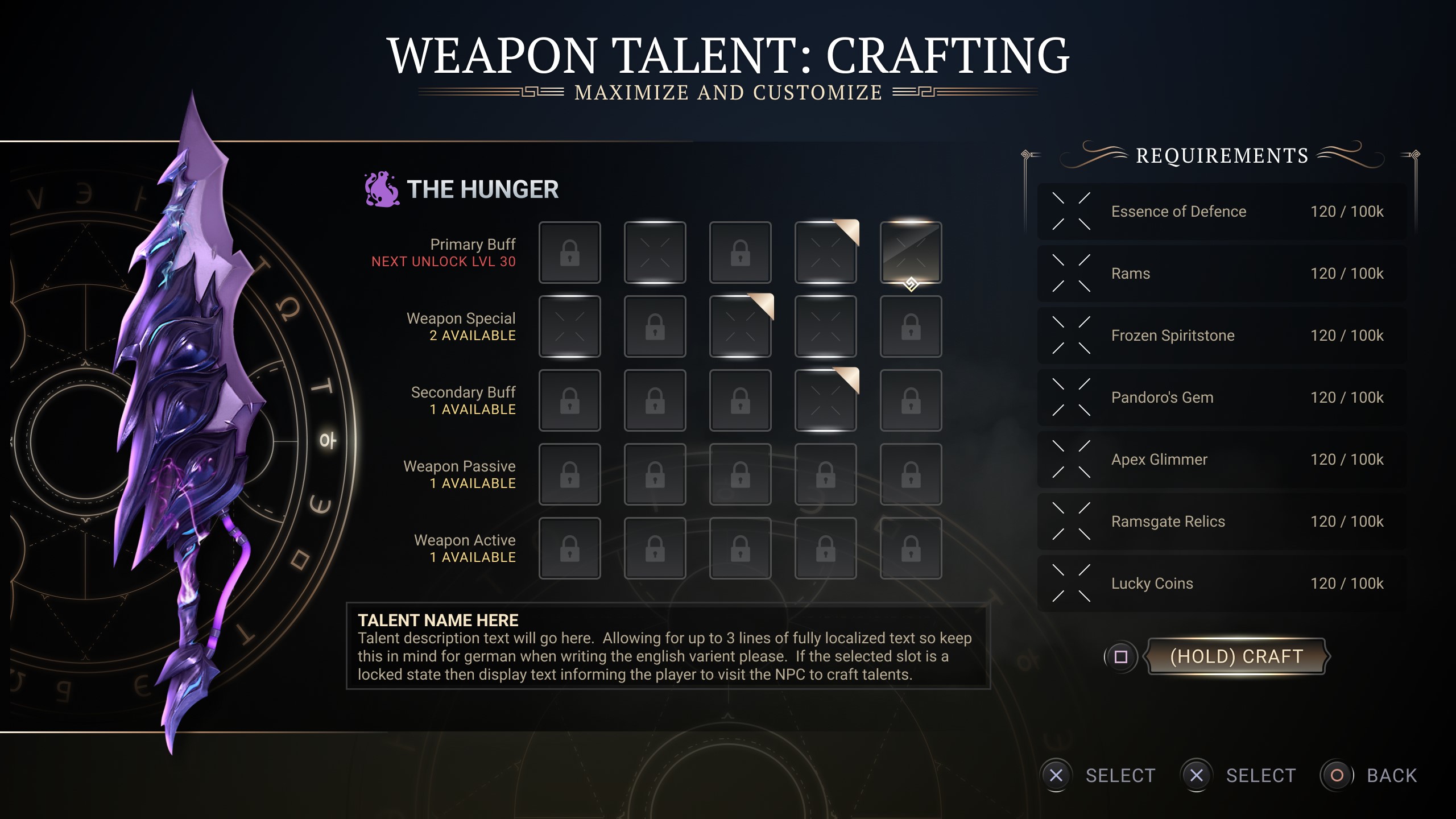 Above: talent unlock screen design with placeholder costs and text