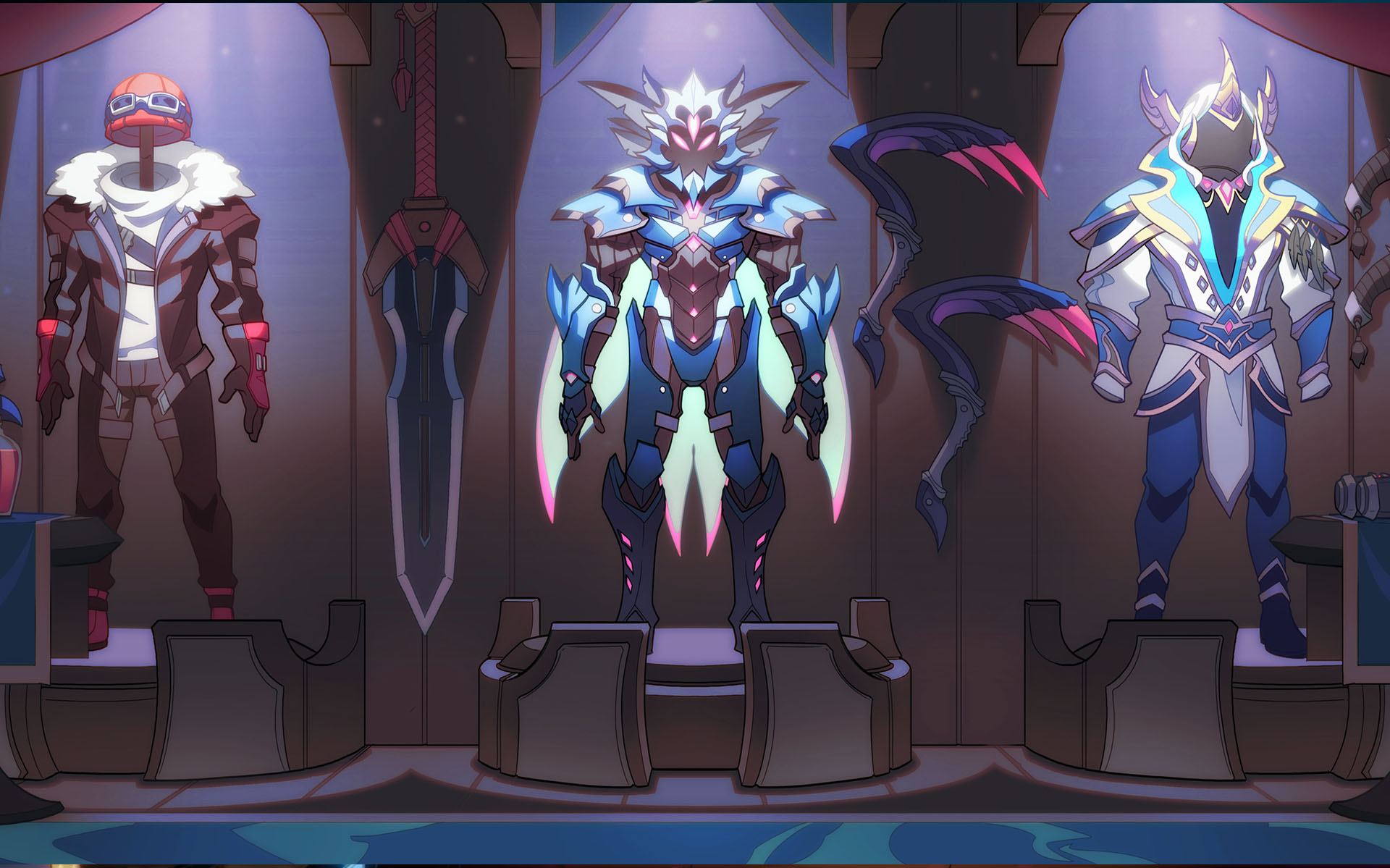 Illustration with various armors and weapons on displays